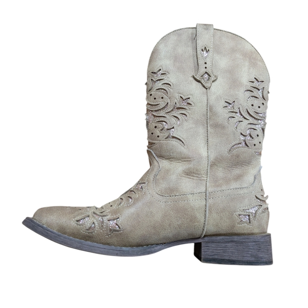 Roper Kennedy Western Cowboy Boots Tan Glitter Tooled Inlay Square Toe Size 9.5 - Picture 6 of 11